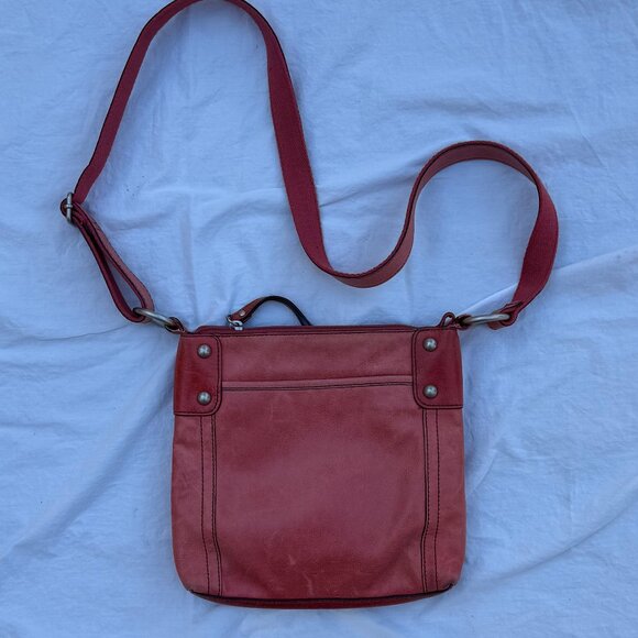 Coral Red Pink Salmon Leather Fossil Crossbody Purse - Picture 3 of 12